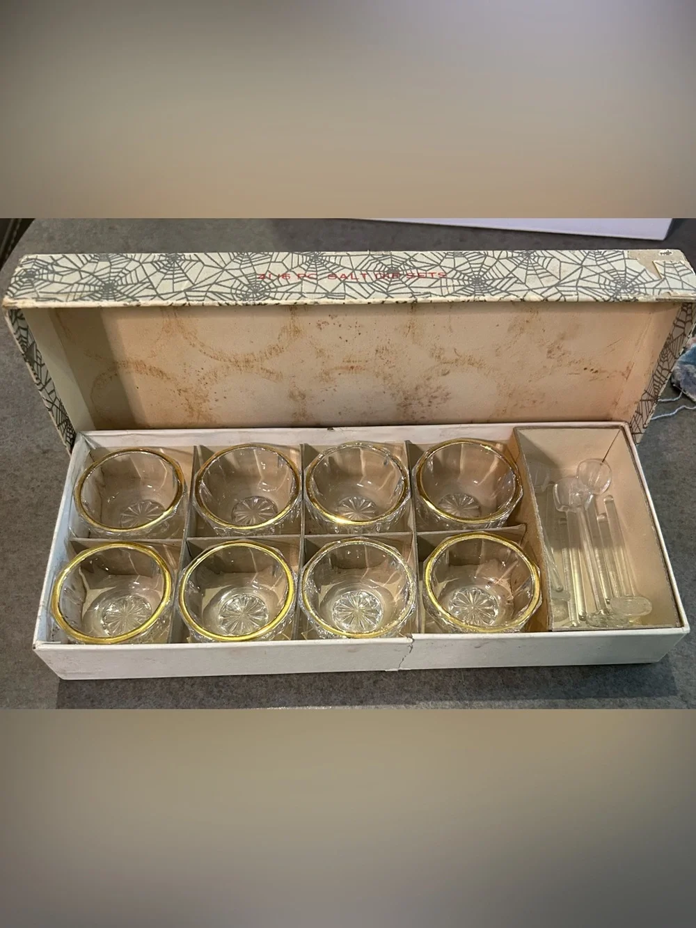 Vintage Boxed Set of 8 Pressed Glass Salt Cellars & Dips -10 Sided & Gold Trim
